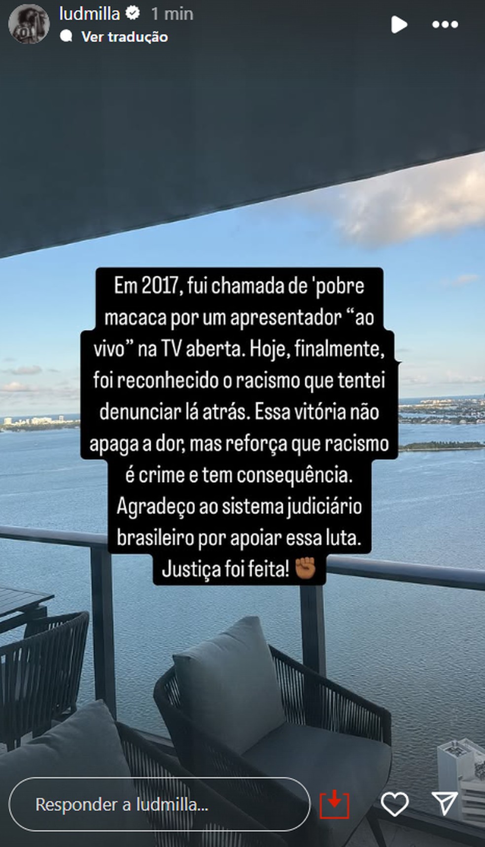 Ludmilla comemora dcisão do STJ: 'Justiça foi feita' — Foto: Reprodução/Instagram