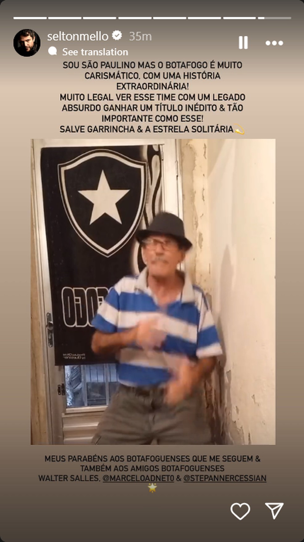 Selton Mello comemora vitória do Botafogo na Libertadores — Foto: Reprodução/Instagram