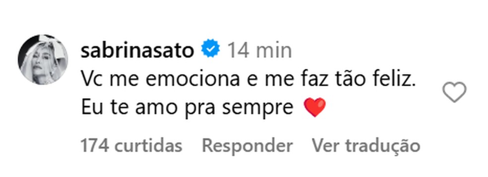 Sabrina Sato responde, amorosa, à declaração de Nicolas Prattes — Foto: Instagram