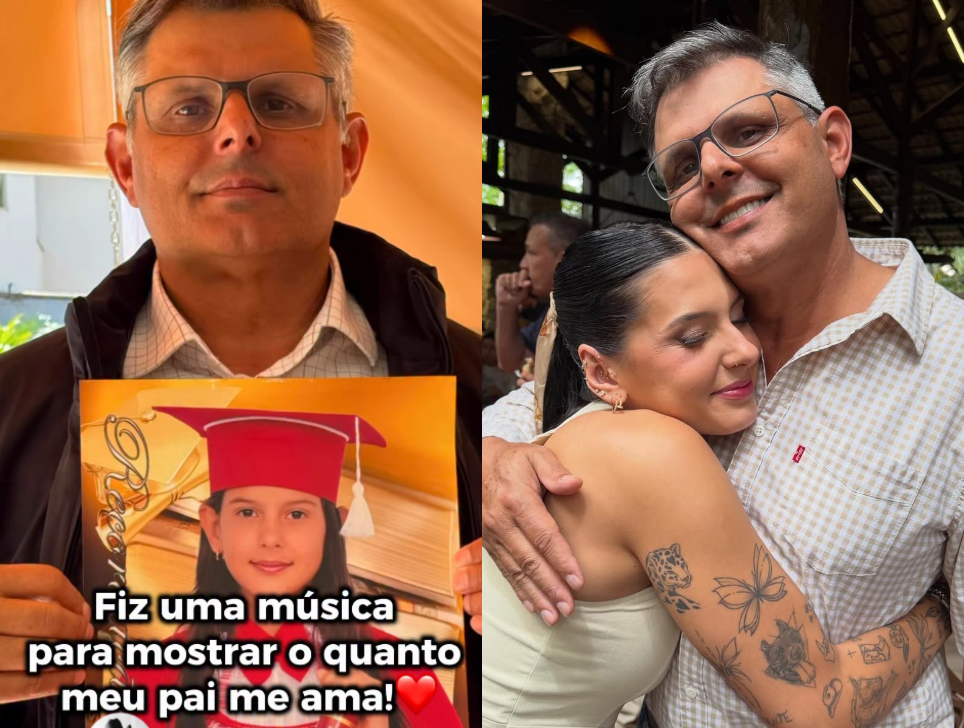 Ana Castela sorrindo ao lado de uma tela mostrando a música criada com mensagens do pai