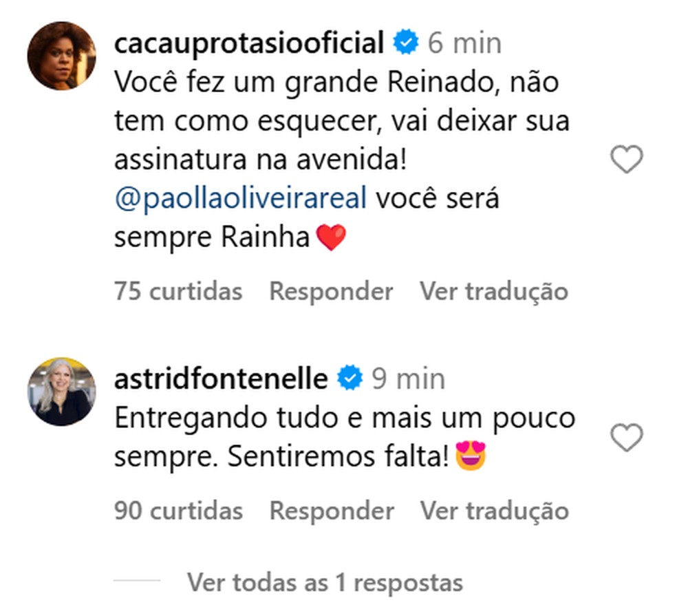Amigos de Paolla comentam decisão da atriz em deixar o cargo de Rainha de Bateria da Grande Rio — Foto: Reprodução/Instagram