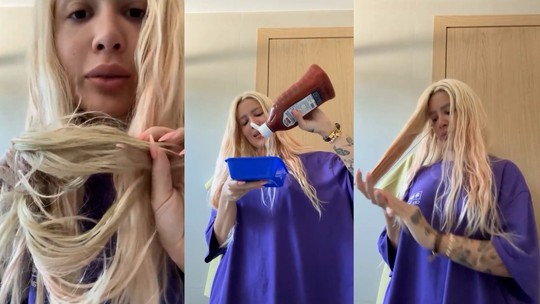 Karoline Lima fica com o cabelo verde e passa ketchup para voltar ao loiro; veja se deu certo   - Programa: Gshow - Tv & Famosos 