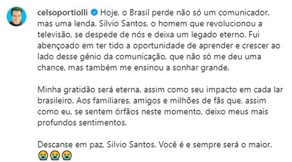 Celso Portiolli presta homenagem a Silvio Santos — Foto: Reprodução