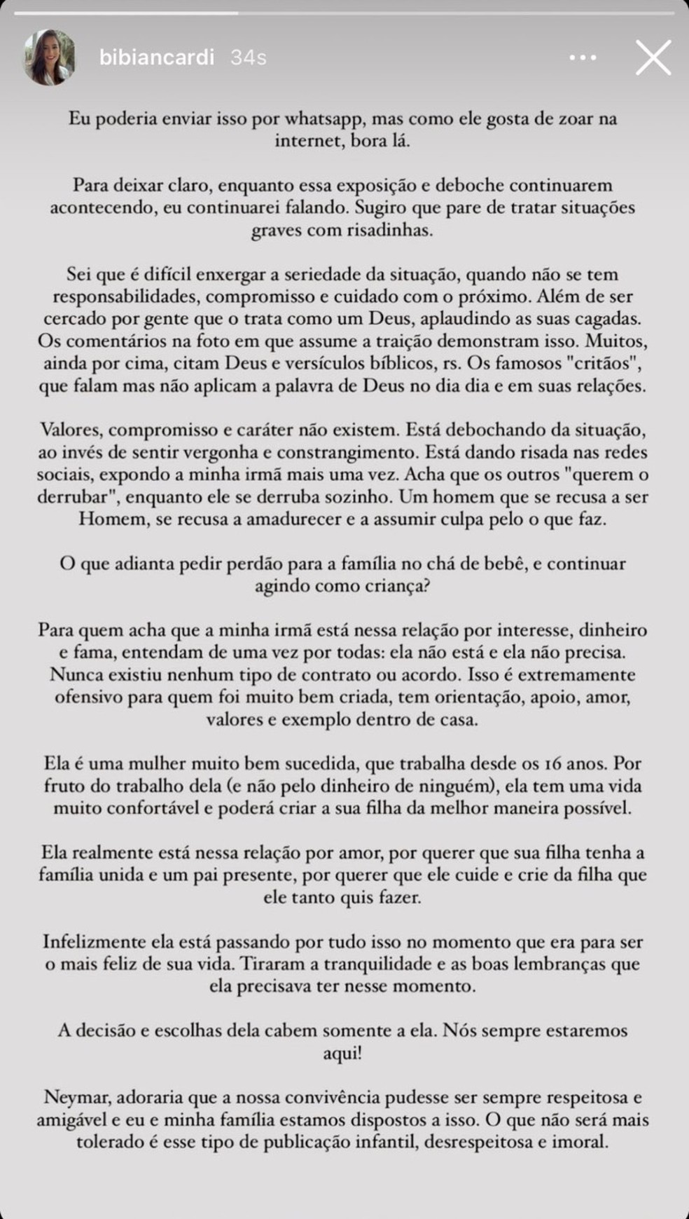 Irmã de Bruna Biancardi critica Neymar em rede social: 'Um homem que se recusa a amadurecer' — Foto: Instagram