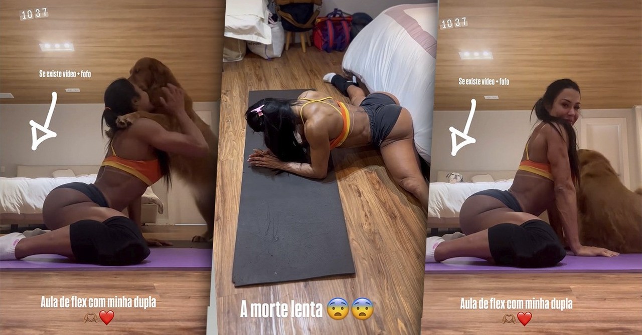 Gracyanne Barbosa mostra momento fofo com pet em treino e 'sofre' com alongamento: 'Morte lenta'