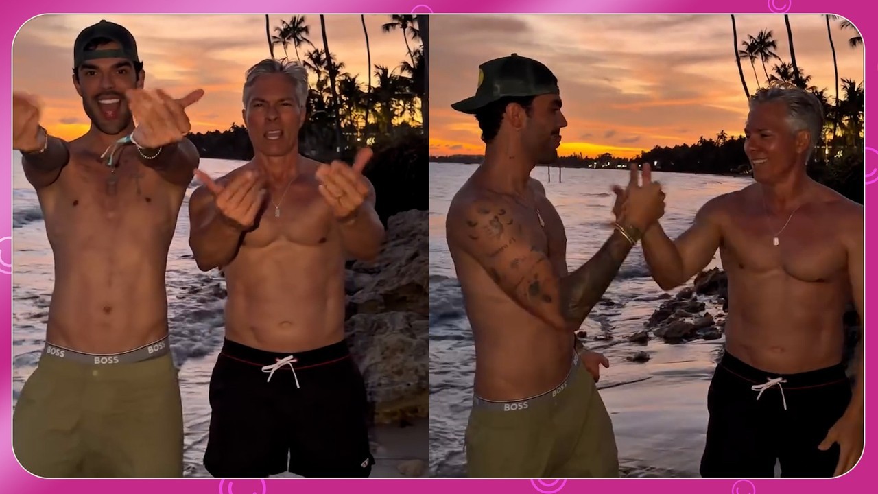 Luan Pereira brinca com o corpo sarado do sogro: 'Gatão demais'