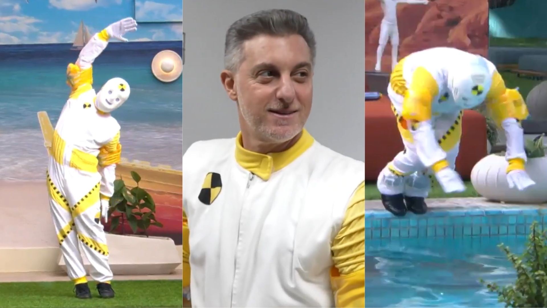 Vestido de dummy, Luciano Huck visita bastidores do BBB 26 e mergulha na piscina da casa