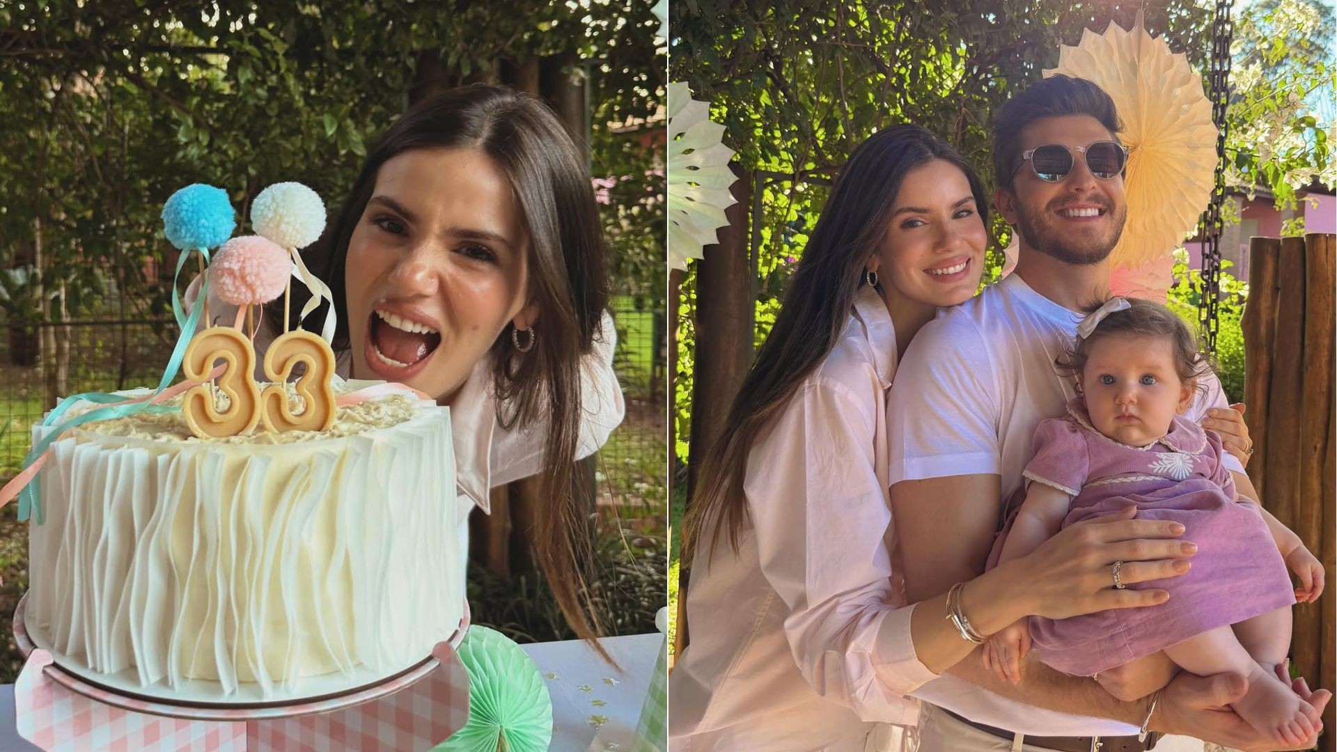 Camila Queiroz celebra aniversário ao lado de Klebber Toledo e da filha Clara