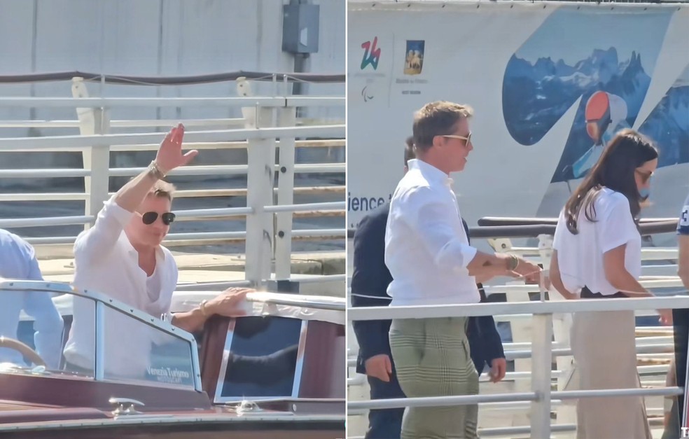 Brad Pitt chega ao Festival de Veneza combinando o look com a namorada, Ines de Ramon — Foto: Reprodução/TikTok