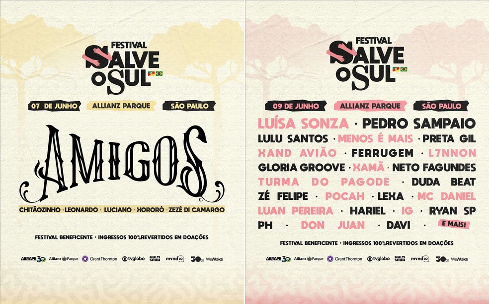'Salve o Sul': festival beneficente anuncia line-up — Foto: Reprodução/Instagram