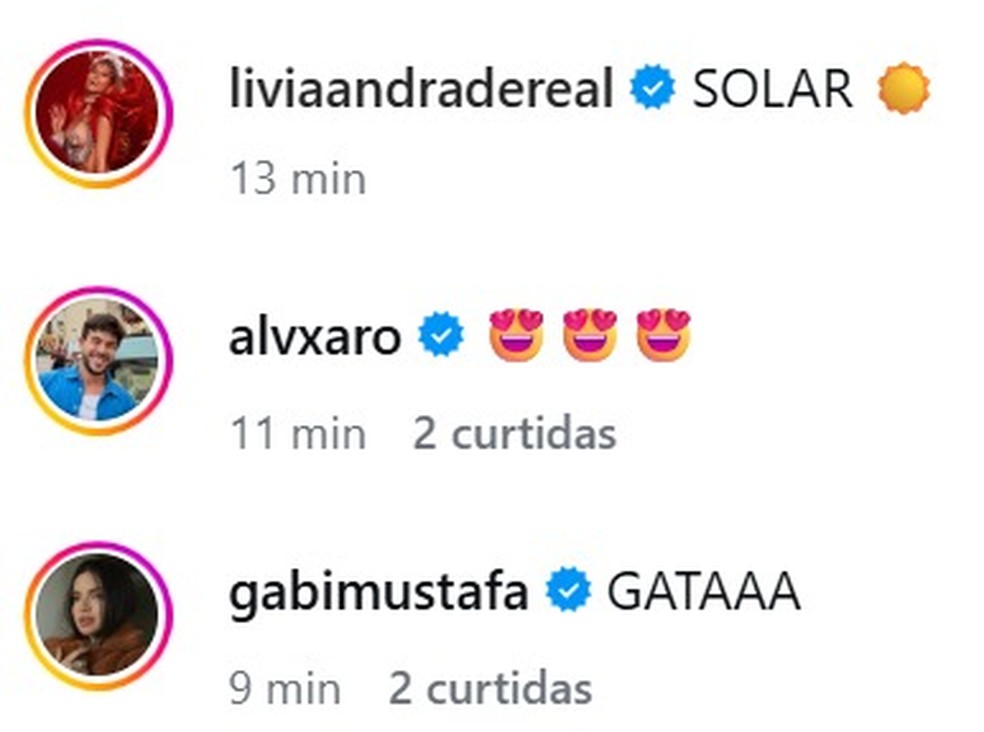 Gabriella Mustafá e Álvaro elogiaram as fotos de Lívia Andrade — Foto: Instagram