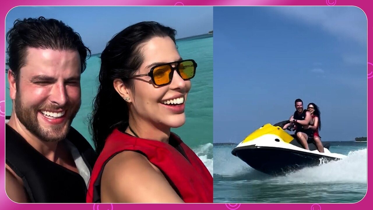 Gustavo Marsengo e Laís Caldas passeiam de jet ski nas Maldivas