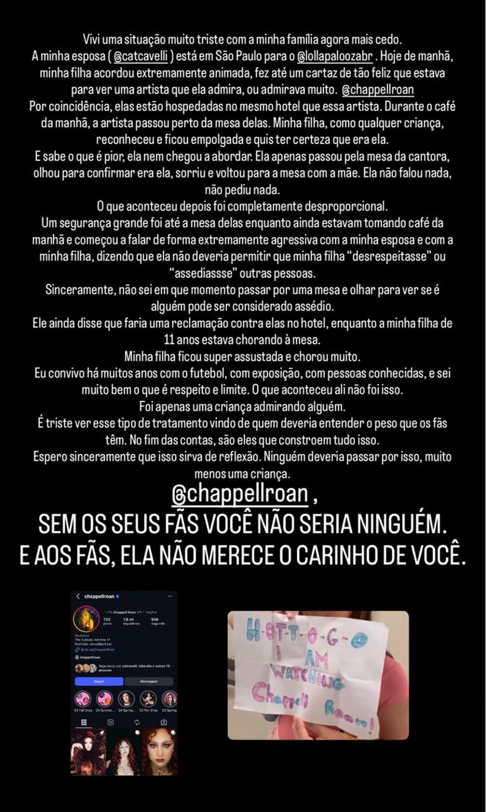 Jorginho faz post sobre situação da filha com Chappell Roan — Foto: Reprodução Instagram