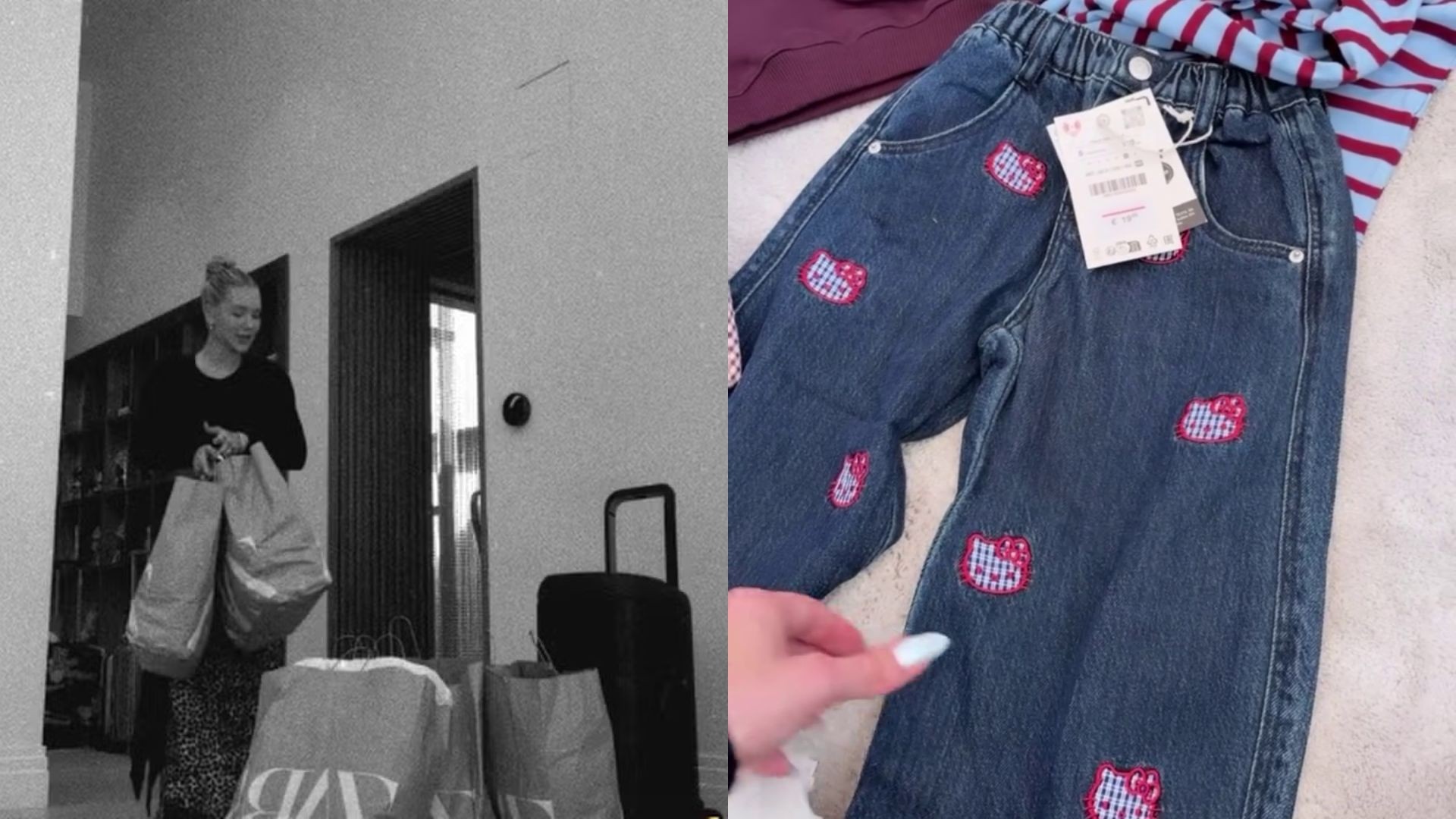 Virginia exibindo roupas infantis compradas em Madri