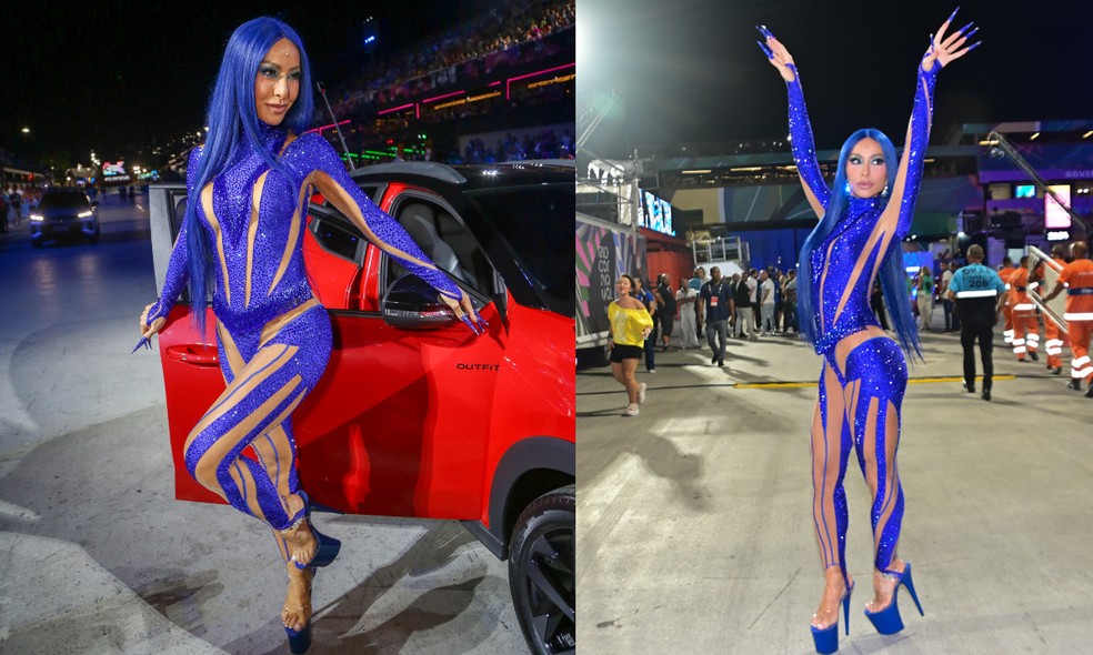 Sabrina Sato chega na Sapucaí com look azul e cabelo longo | Gshow