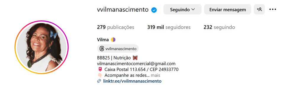 Perfil de Vilma após 2 meses de programa — Foto: Reprodução / Instagram