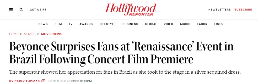Passagem de Beyoncé pelo Brasil repercute na mídia internacional — Foto: The Hollywood Reporter