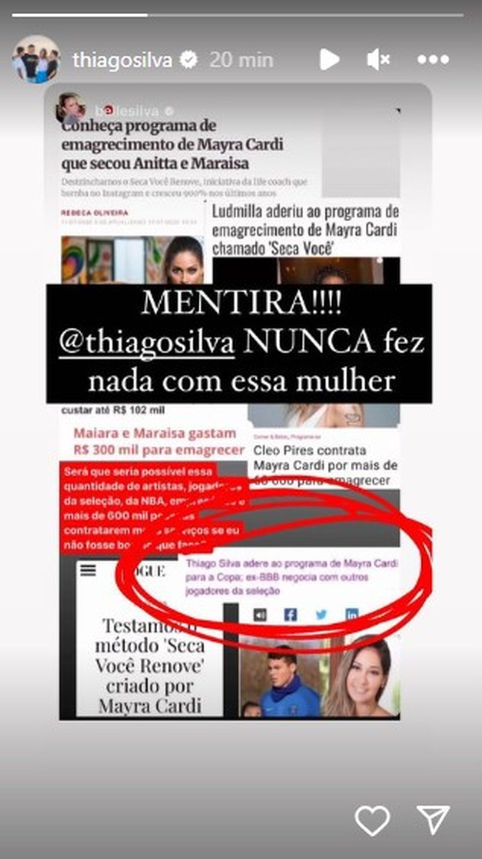 Thiago Silva desmente Maira Cardi em seu perfil das redes — Foto: Reprodução/Instagram