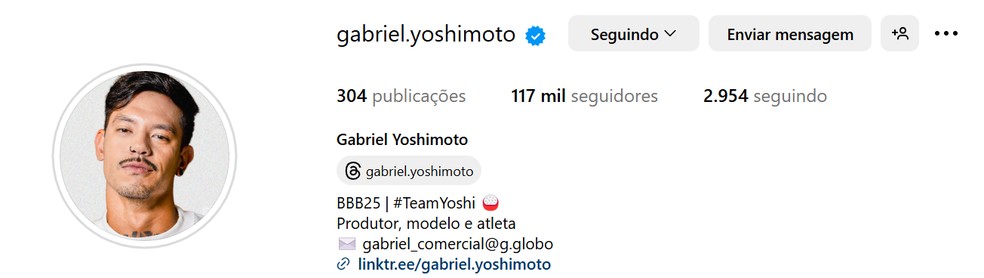 Perfil de Gabriel após 2 meses de programa — Foto: Reprodução / Instagram
