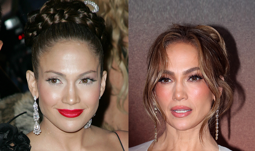 20 anos de diferença: Jennifer Lopez à esquerda, em 2004, e à direita, em 2024 — Foto: Getty Images