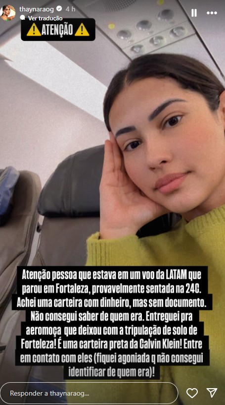 Thaynara OG encontra carteira com dinheiro durante voo para Fortaleza