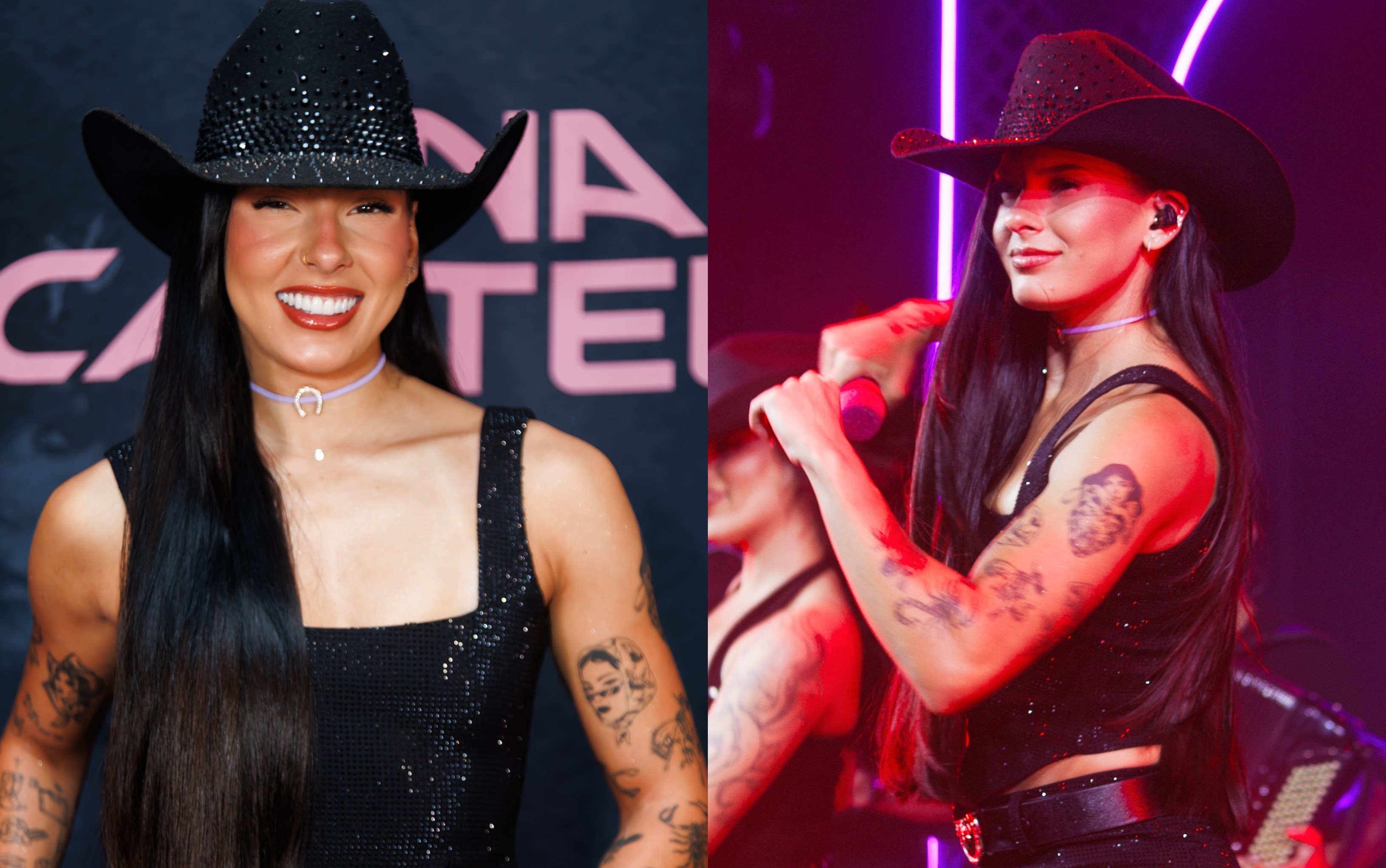 Ana Castela durante show em São Paulo, exibindo braços musculosos e look sem mangas