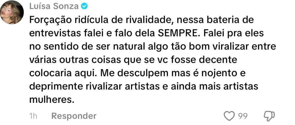 Luísa Sonza rebate acusações de rivalidade com Anitta: 'É nojento' — Foto: Reprodução/TikTok