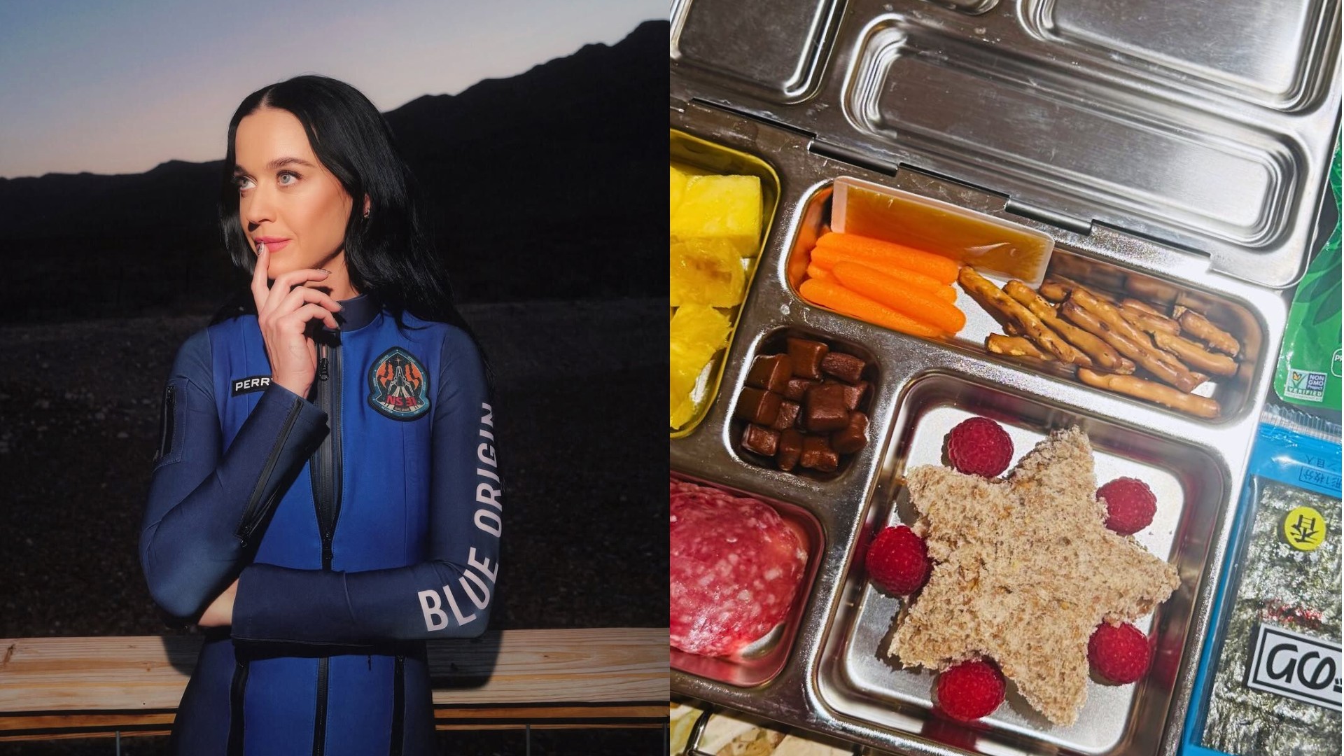 Após voar para o espaço, Katy Perry prepara lancheira da filha, Daisy, com salame e chia: 'Melhor realidade'