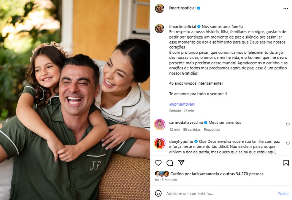 Viúva de JP Mantovani, ex-Rouge, Li Martins, agradece carinho em comunicado nas redes — Foto: Reprodução/Instagram