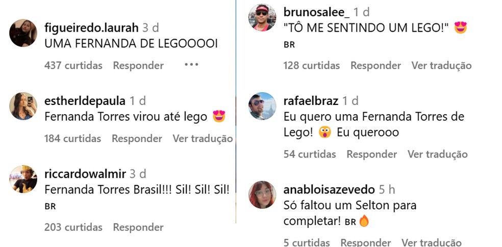 Comentários da versão lego de Fernanda Torres — Foto: Reprodução / Instagram