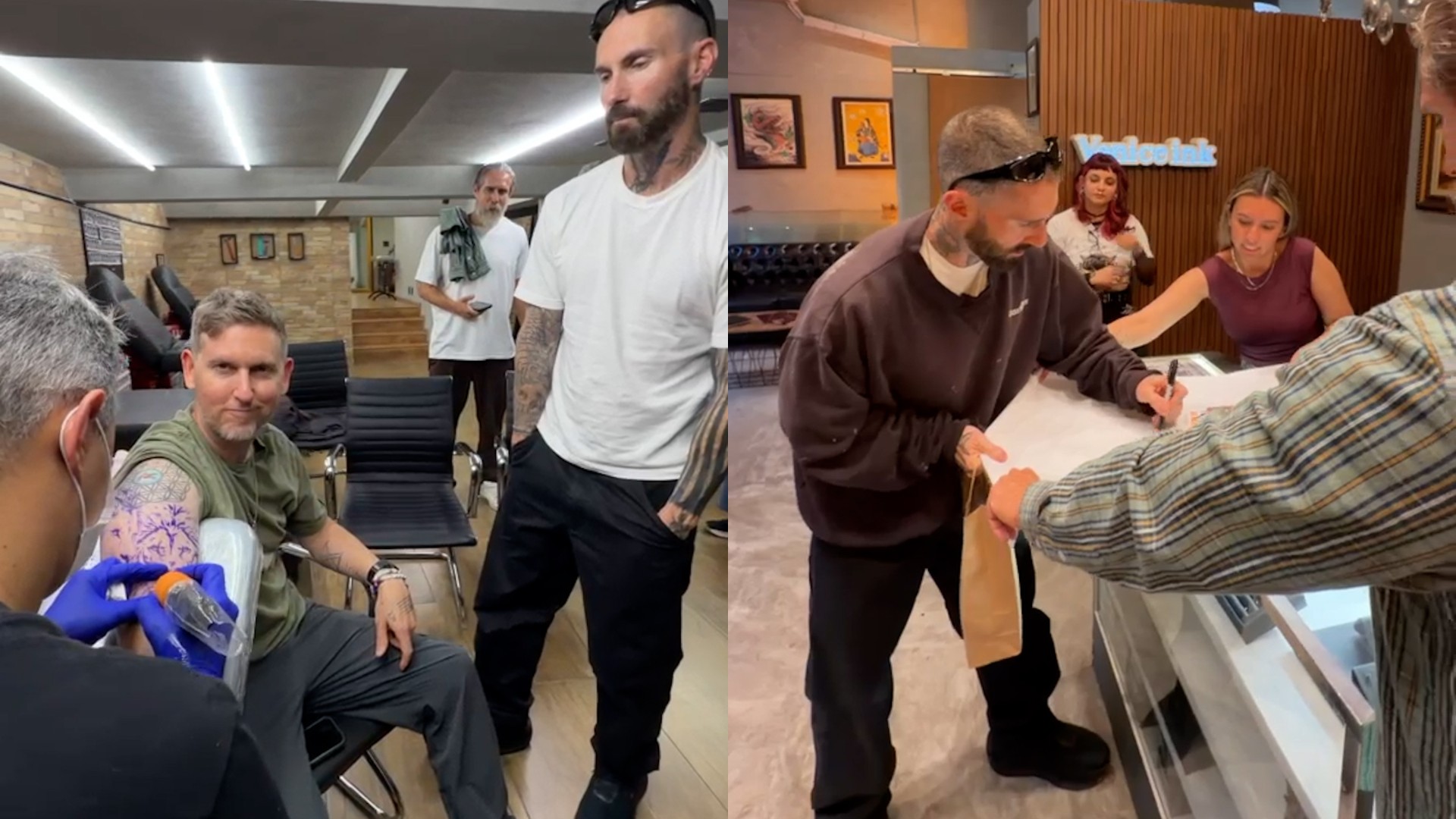 Adam Levine e Jesse Carmichael com fãs no estúdio de tatuagem em São Paulo