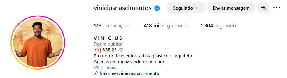 Perfil de Vinícius após 2 meses de programa — Foto: Reprodução / Instagram
