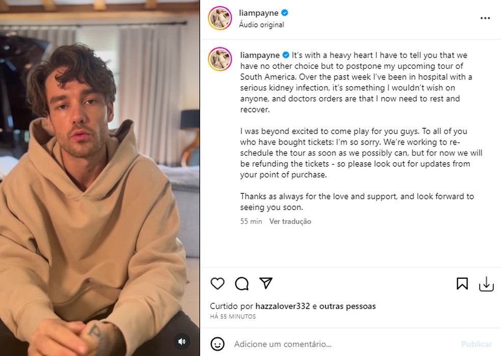 Liam Payne anuncia que irá adiar shows na América do Sul por conta de problema de saúde — Foto: Reprodução/Instagram