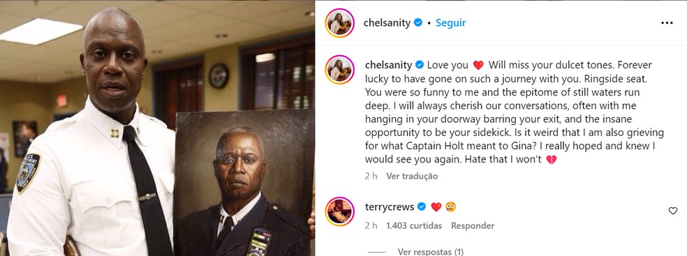 Chelsea Peretti lamenta morte de Andre Braugher — Foto: Reprodução