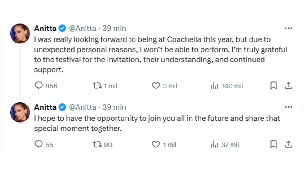 Com mensagem em inglês, Anitta anunciou que não vai mais se apresentar no Coachella 2025 — Foto: Reprodução