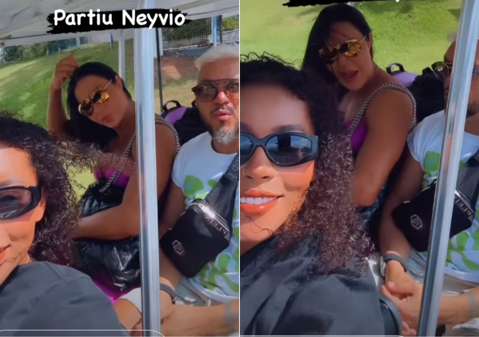 Belo, Gracyanne e a irmã dela, Giovanna, a caminho do cruzeiro do Neymar — Foto: Reprodução