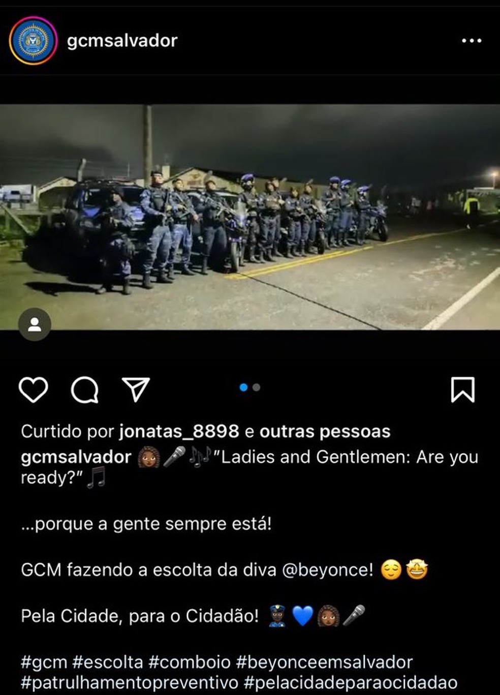 Perfil da Guarda Municipal de Salvador posta sobre Beyoncé — Foto: Reprodução/Instagram