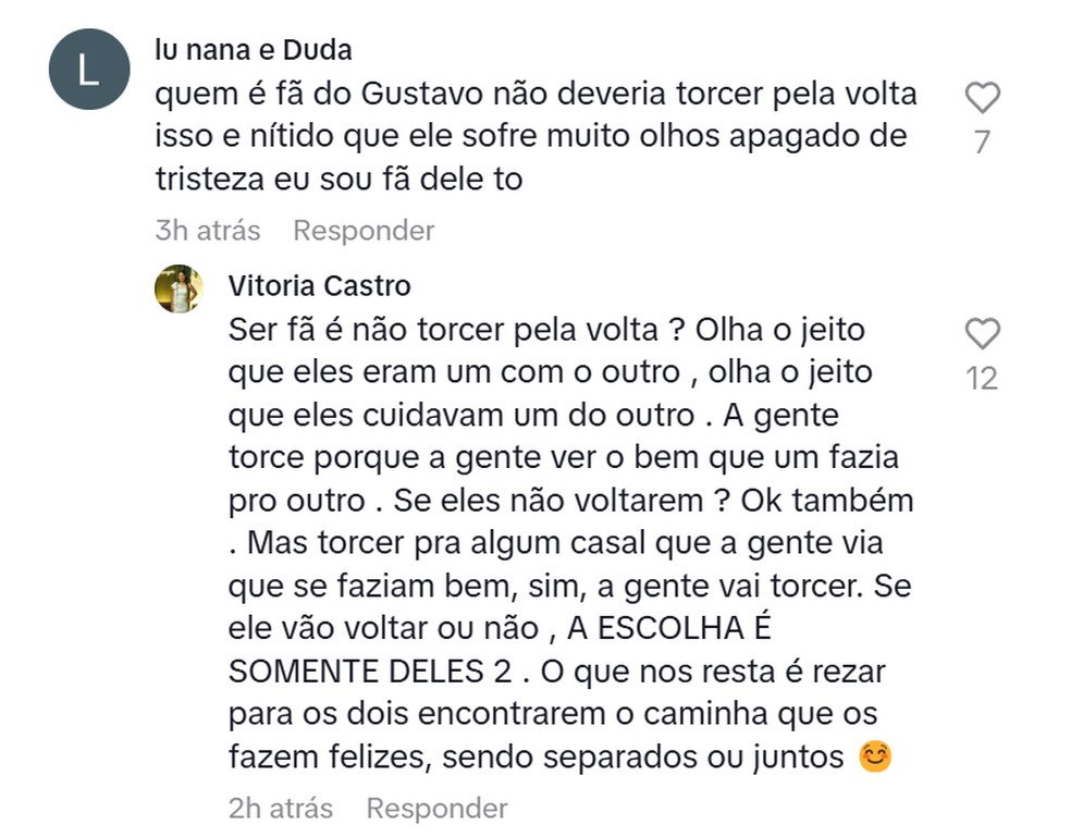 Fãs comentam término de Ana Castela e Gustavo Mioto — Foto: Reprodução/TikTok
