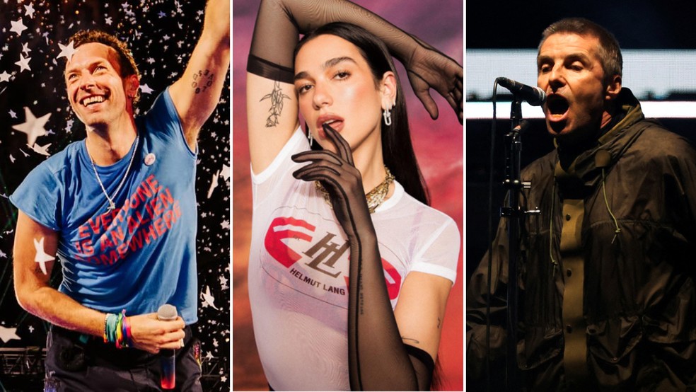 Chris Martin, Dua Lipa e Oasis passam pelo Brasil no segundo semestre de 2025 — Foto: Instagram/@coldplay/David Black/REUTERS/Suzanne Plunkett