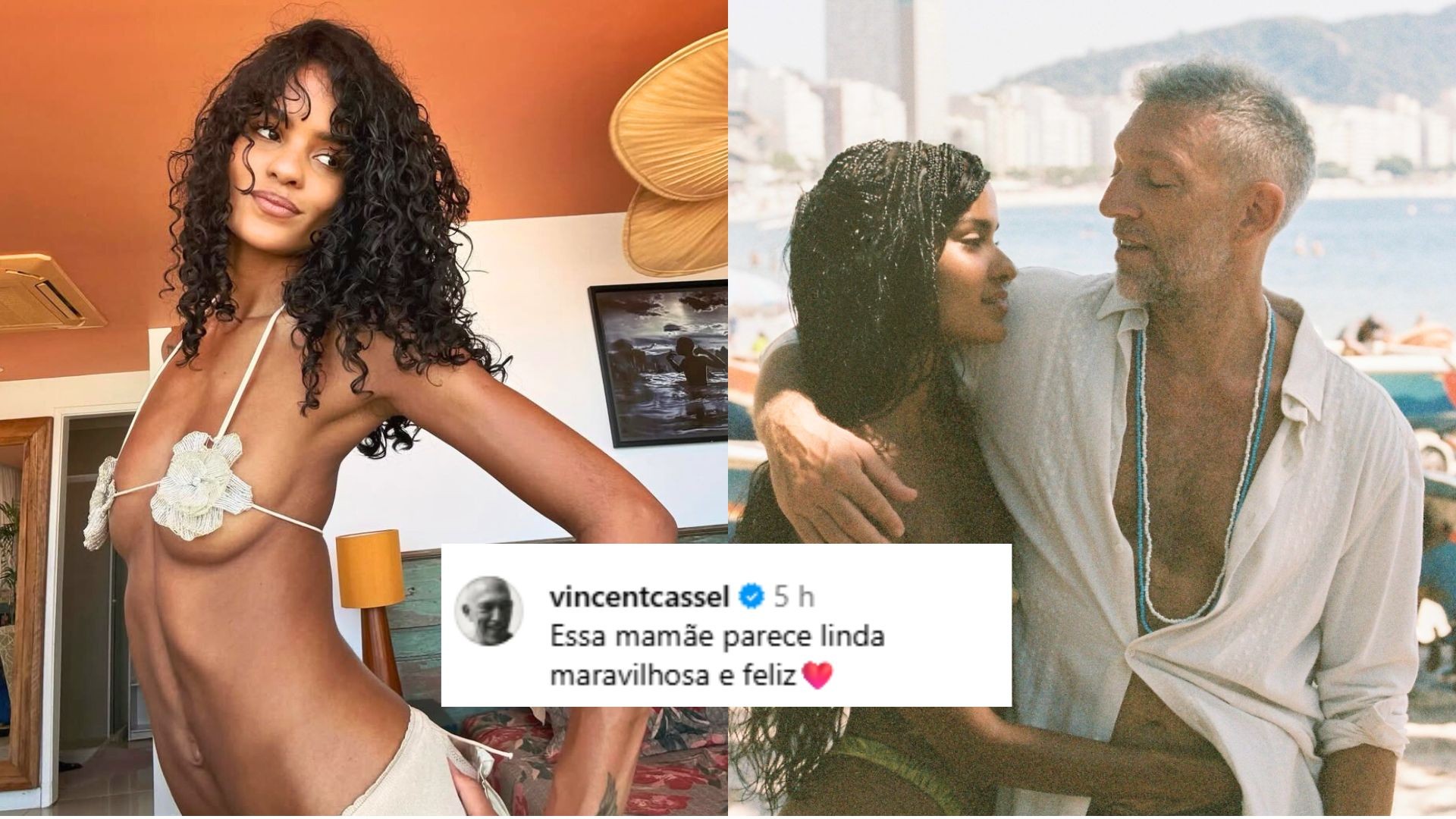 Narah Baptista posa de biquíni recebe comentário em português de Vincent Cassel: 'Mamãe linda'