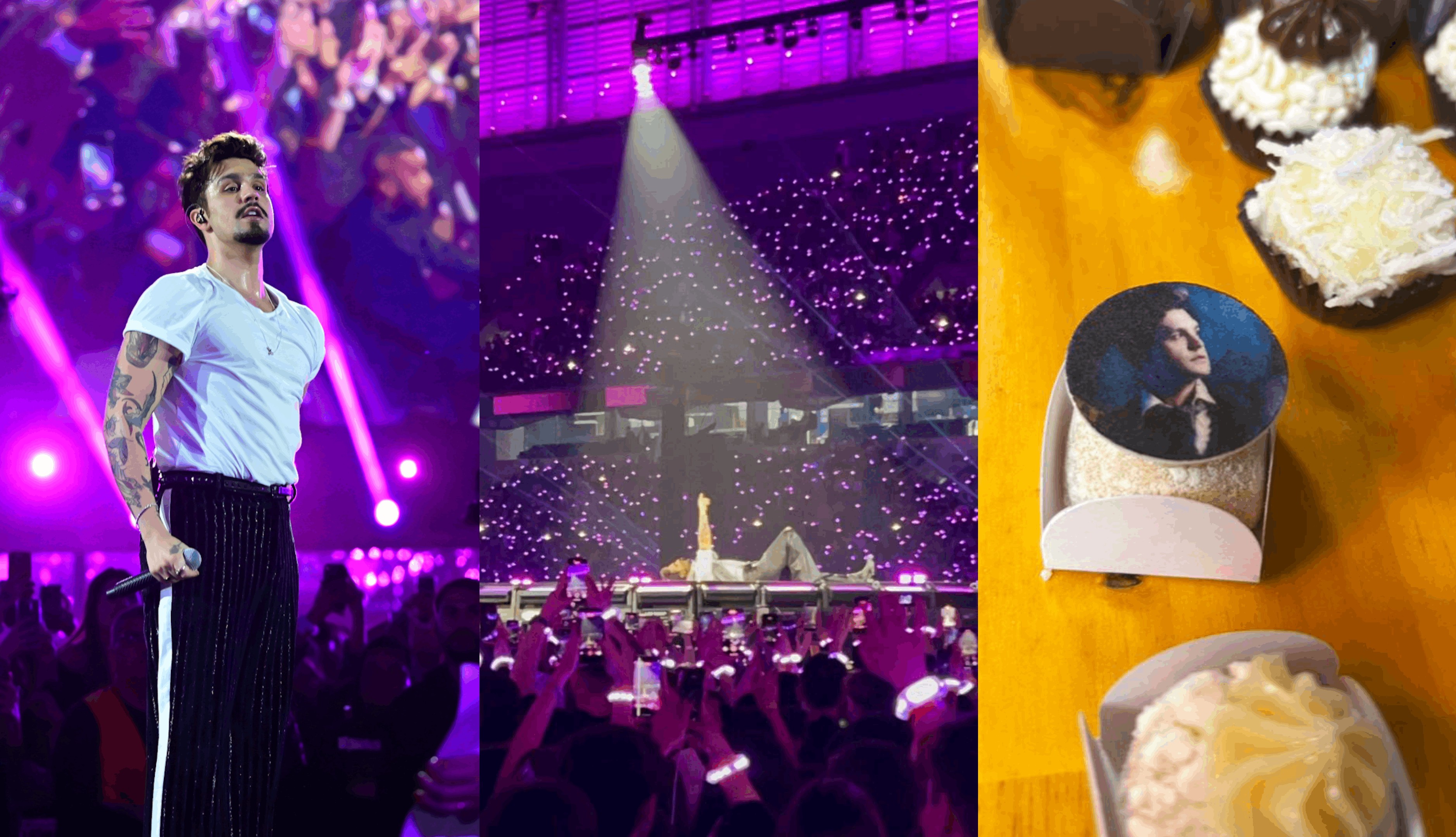 Gravação de DVD de Luan Santana tem cantor deitado no palco, menção à filha e docinho com o rosto do artista