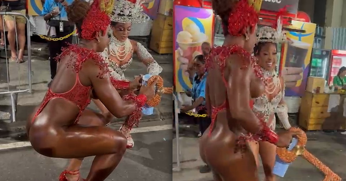 Marvvila e Deisiane de Jesus fazem agachamento antes de entrar na Sapucaí