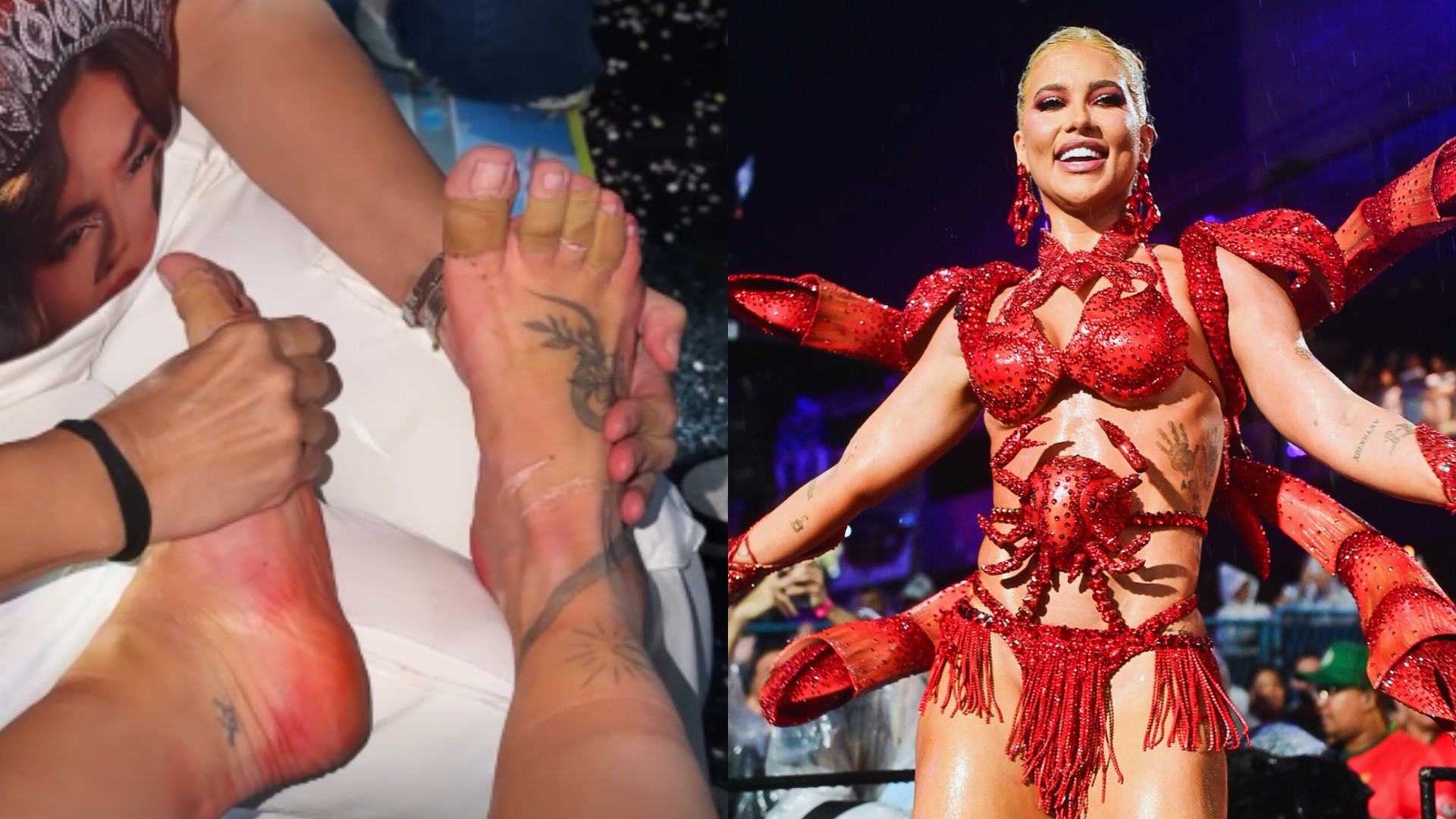 Virginia mostra pé machucado após ensaio técnico sob temporal na Marquês de Sapucaí