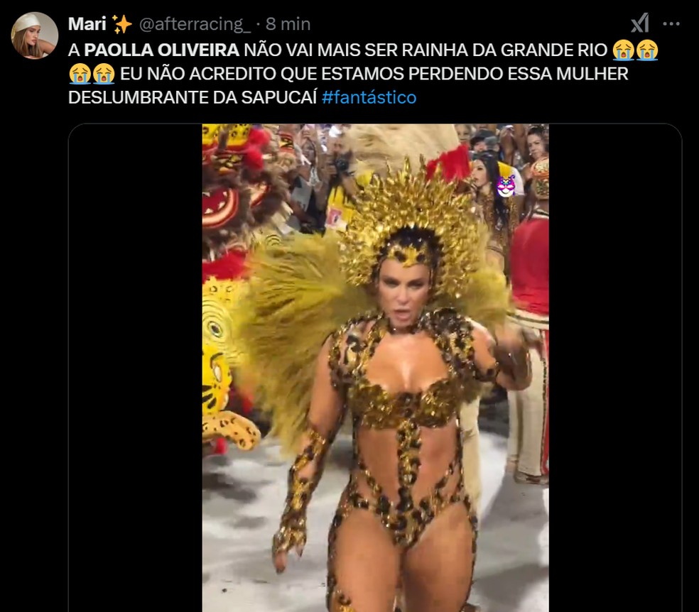 Paolla Oliveira anuncia despedida do posto de Rainha de Bateria da Grande Rio — Foto: Reprodução/X