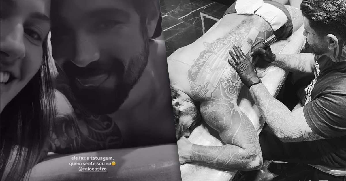 Caio Castro finaliza tatuagem gigante e ganha apoio da namorada, Vitoria Bohn: 'Ele faz e quem sente sou eu'
