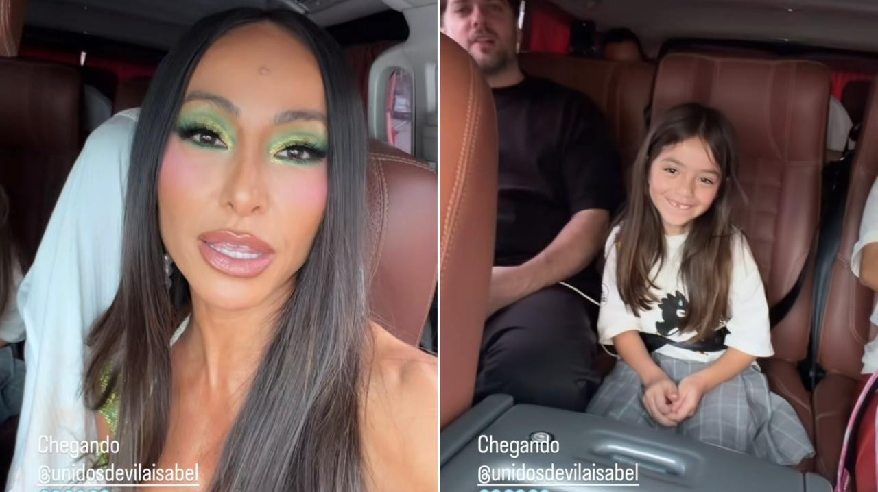 Sabrina Sato leva a filha, Zoe, para ensaio de quadra da Vila Isabel