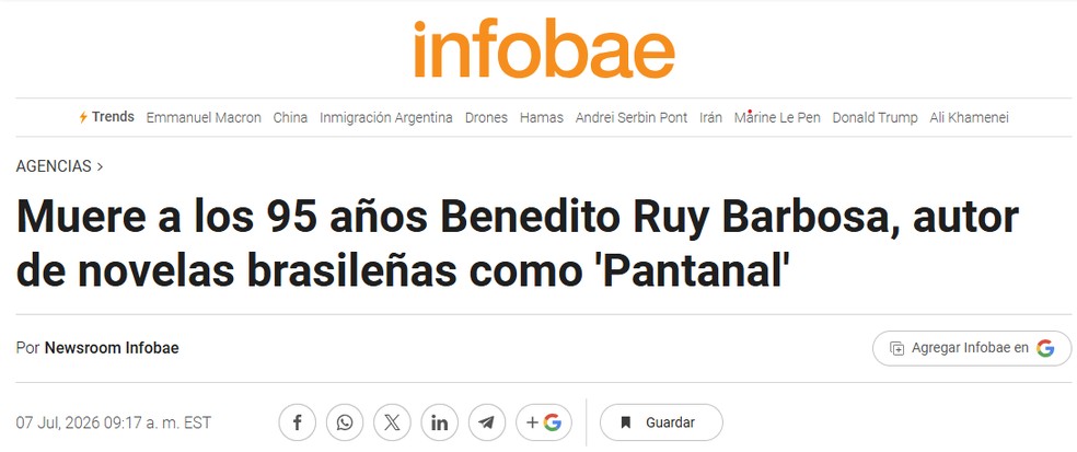 Infobae repercurte morte de Benedito Ruy Barbosa — Foto: Reprodução/Infobae