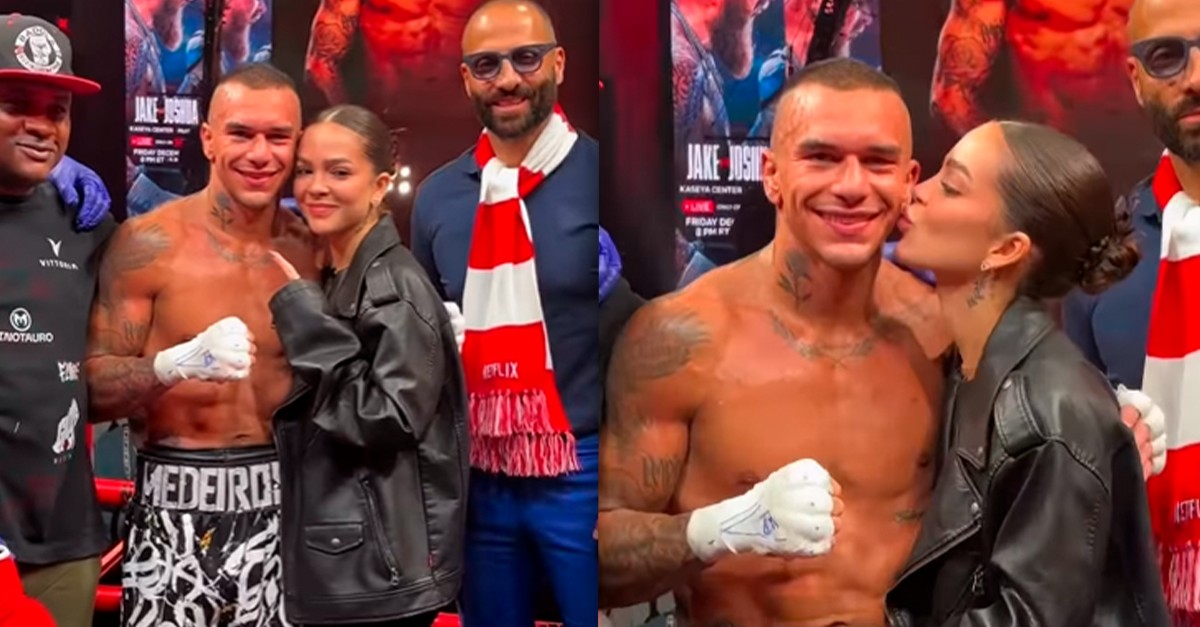 Mel Maia sobe ao ringue para celebrar vitória do namorado lutador de boxe com direito a beijinho