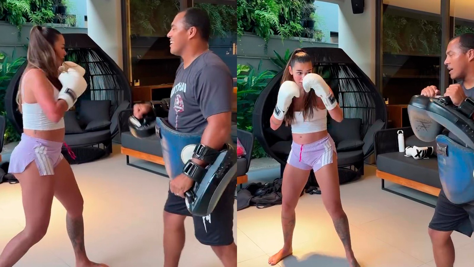 Grávida, Tainá Militão mostra aula de Muay Thai em sua casa