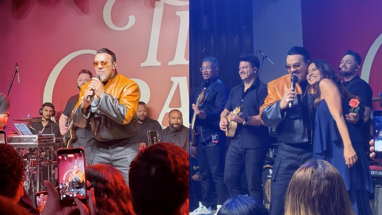 Belo canta na festa de lançamento de Três Graças